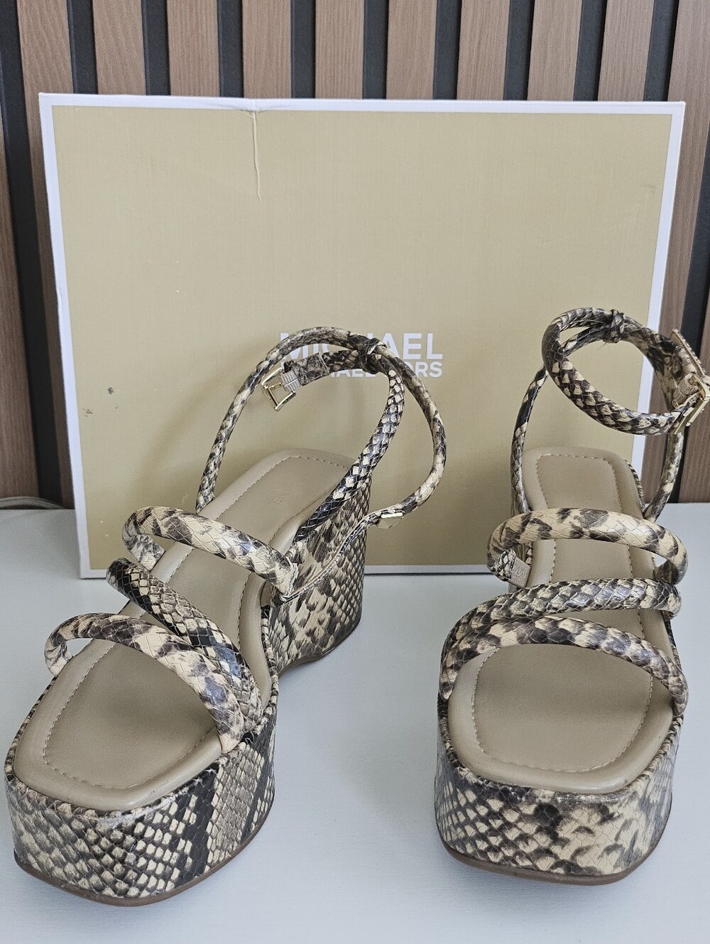 Michael Kors Beige Snake-Print Platform Sandals